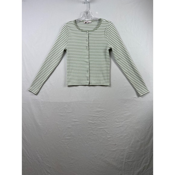 LOFT Sweaters - LOFT Cardigan Womens Medium Green White Striped Ribbed Knit Button Front Top